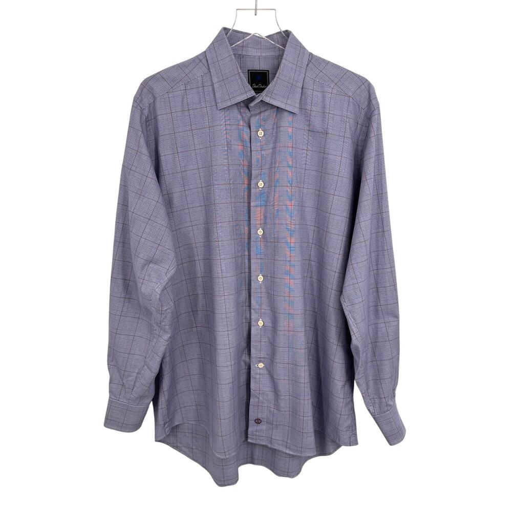 David Donahue shirt men's 17 1/2 34/35 trim Glen plaid blue brown check cotton